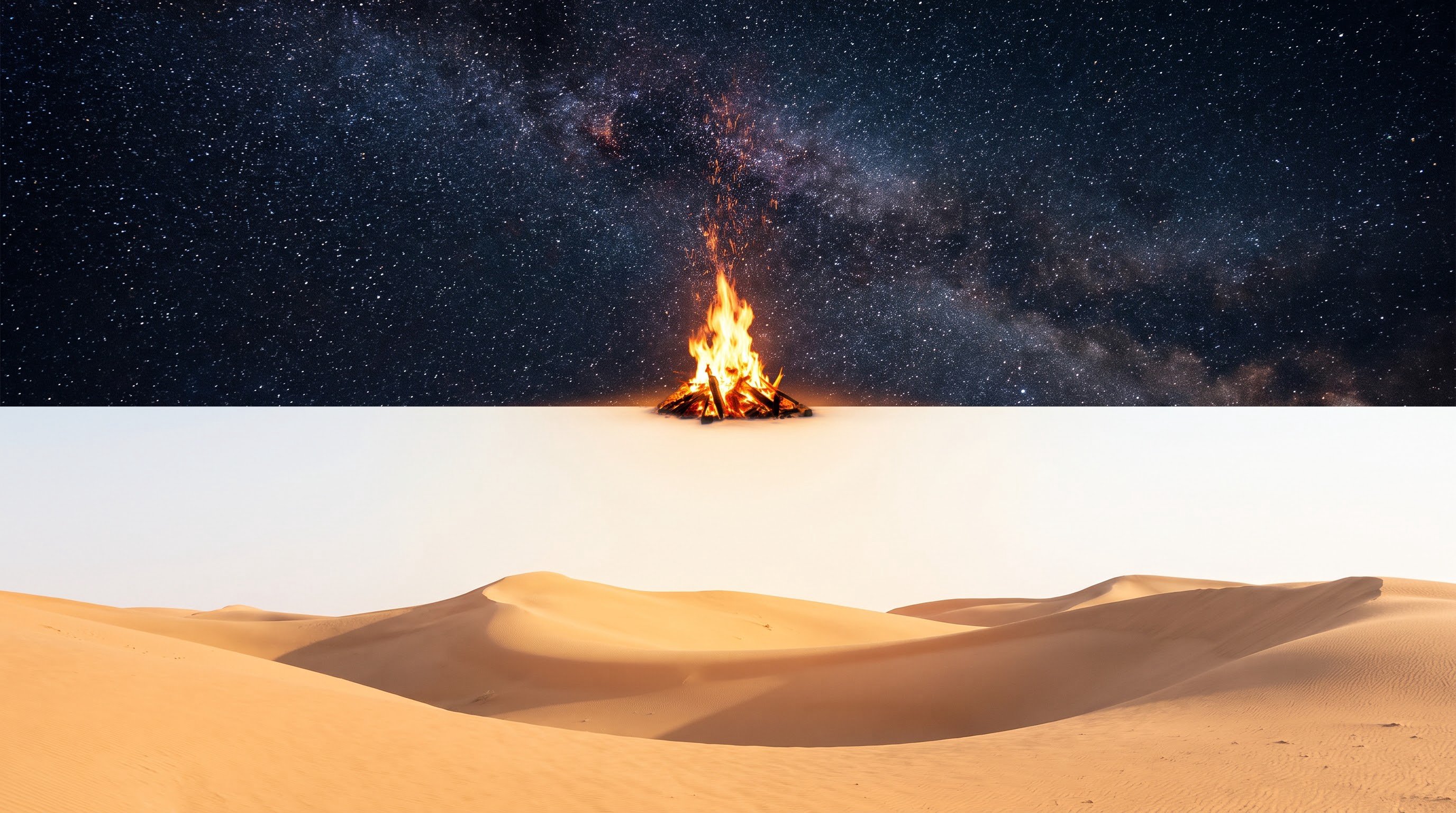 A single fire on the line where a starry night sky meets sunlit sand, with four seats gathered around it.
